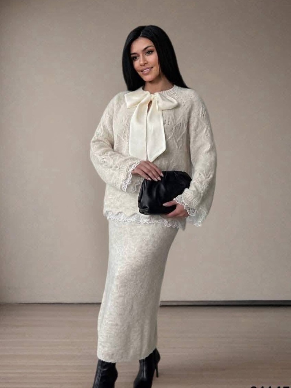 Alpaca, Wool and Sheep Wool Blended Cream Knit Maxi Skirt and Sweater Set